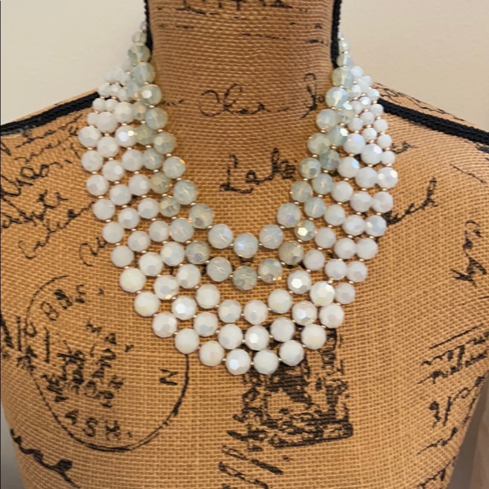 Five Strand Opaque White/Clear Beaded Necklace
